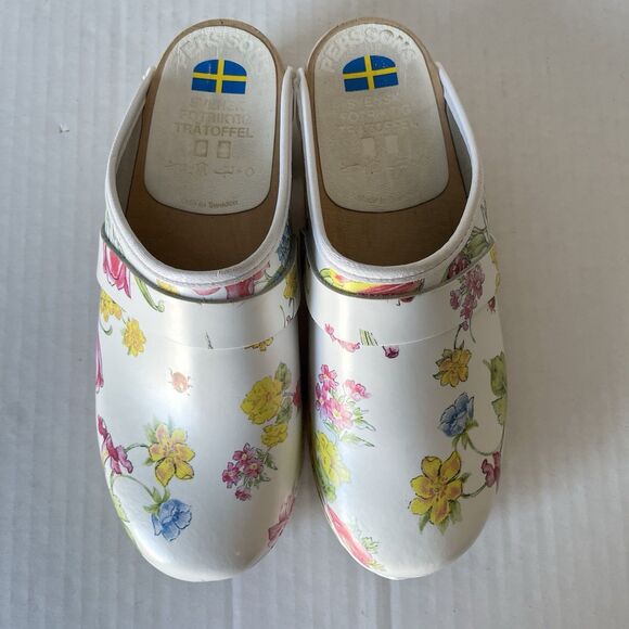 Swedish Svensk Fotriktig Tratoffel White Leather Floral Slip On Wooden Clogs 37 - Picture 7 of 11